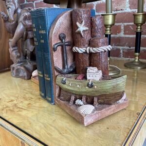 Vintage Nautical Coastal Bookends – Anchor & Boat Seaside Decor Set